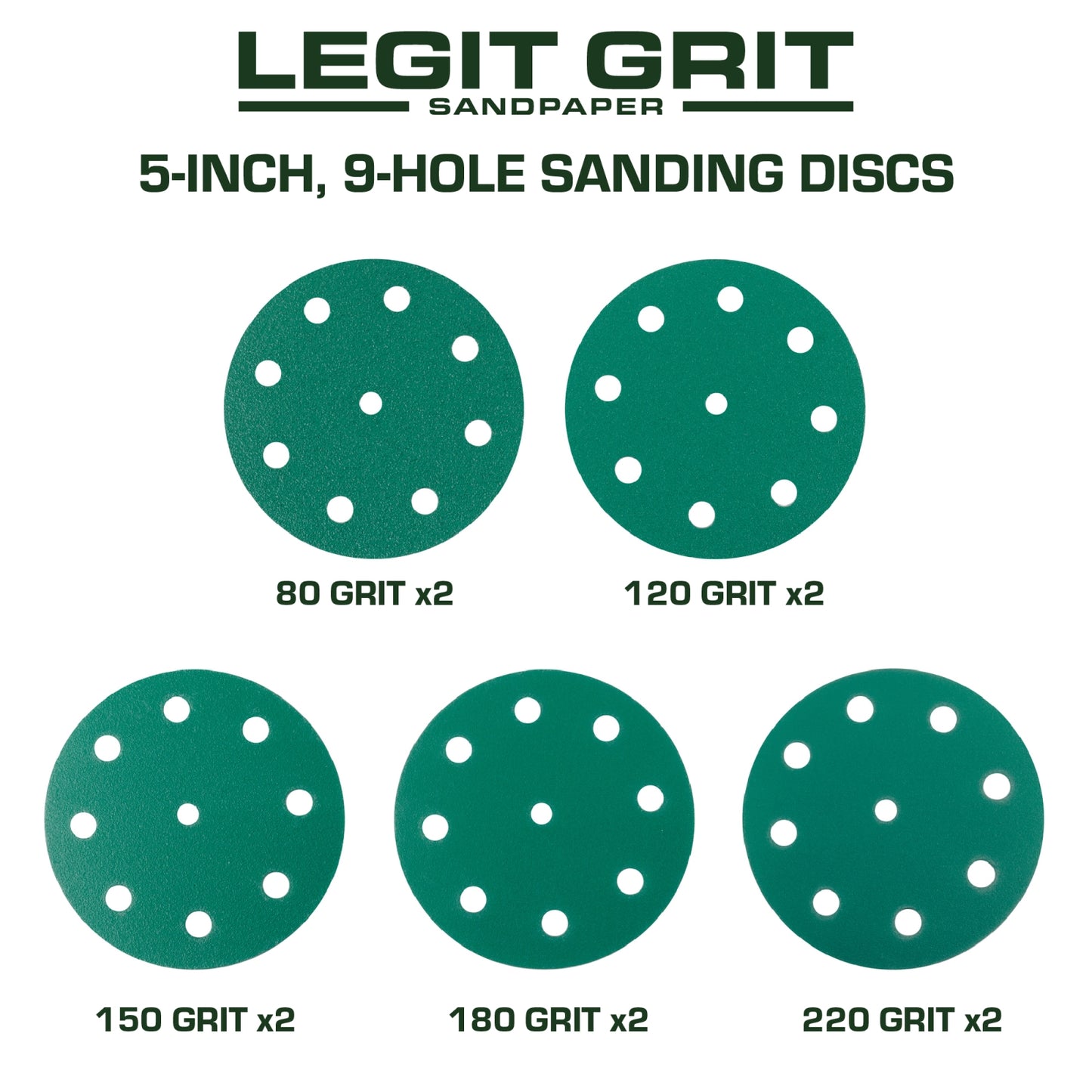 Legit Grit 5 inch Sand paper Disc, 9-Hole, Mixed Grit - Sample Pack, GRITS: 80/120/150/180/220 (2 of each) 10 Pack