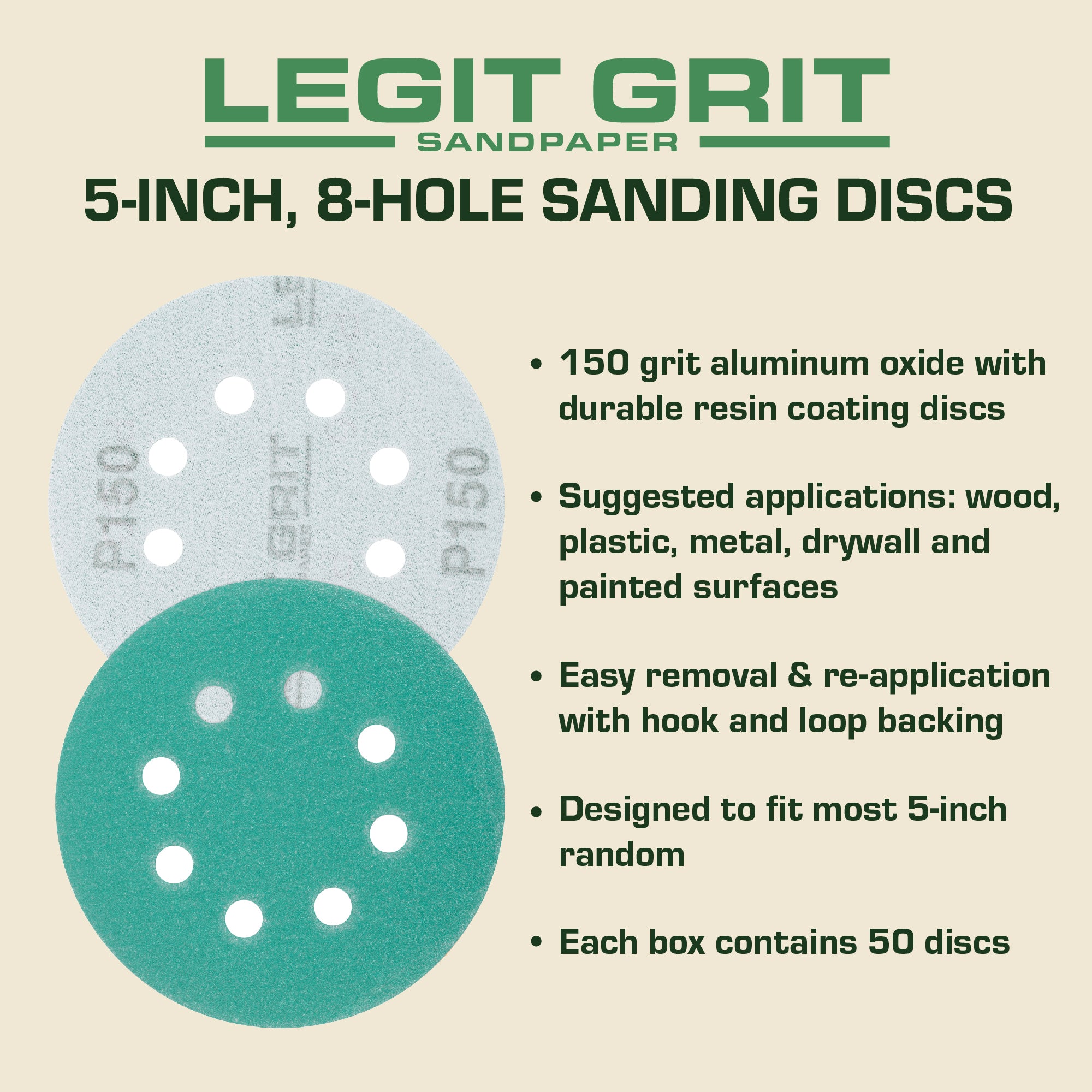 Legit Grit 5 inch Sand paper Disc, 8-Hole