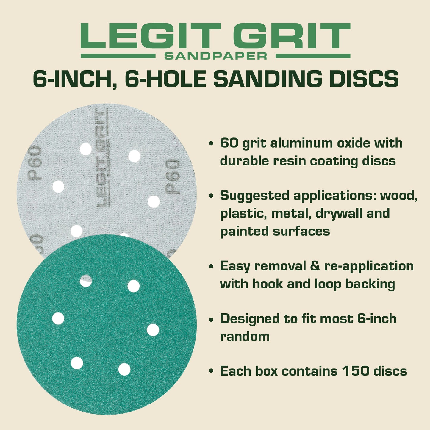 Legit Grit 6 inch Sand paper Disc, 6-Hole