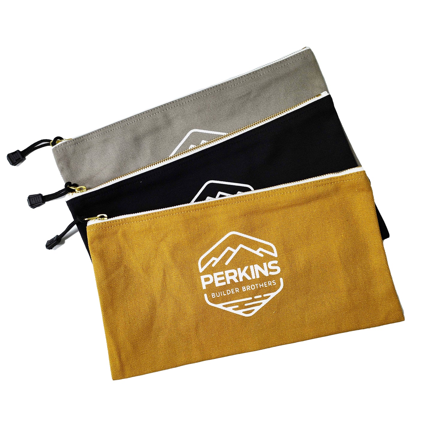 Perkins Builder Brothers Canvas Tool Pouch Zipper Bag, 3-Pack, Black/Brown/Grey