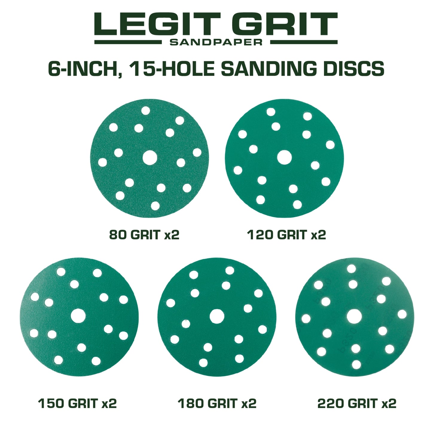 Legit Grit 6 inch Sand paper Disc, 15-Hole, Mixed - Sample Pack, GRITS: 80/120/150/180/220 (2 of each) 10 Pack