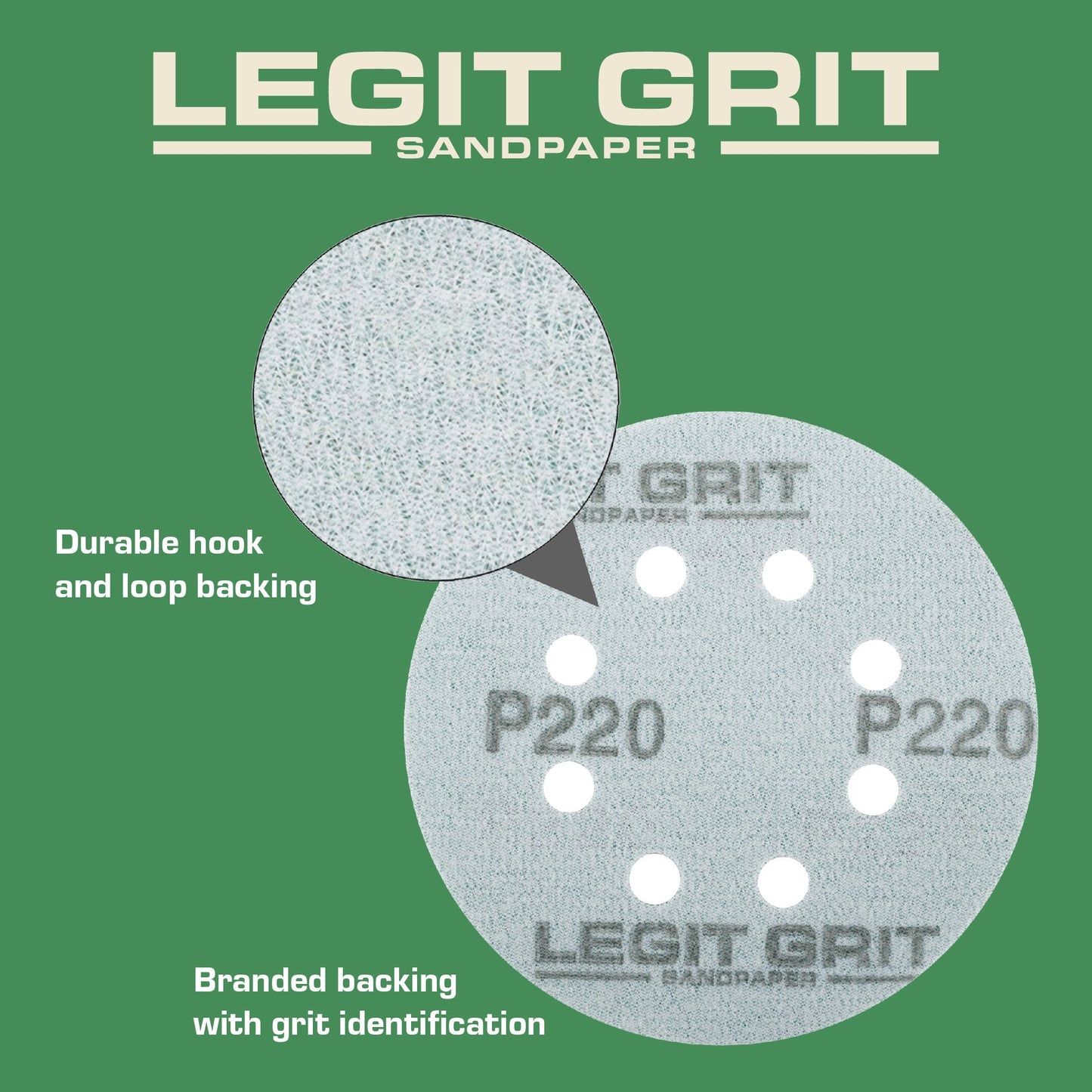 Legit Grit 5 inch Sand paper Disc, 8 - Hole - Perkins Builder Brothers