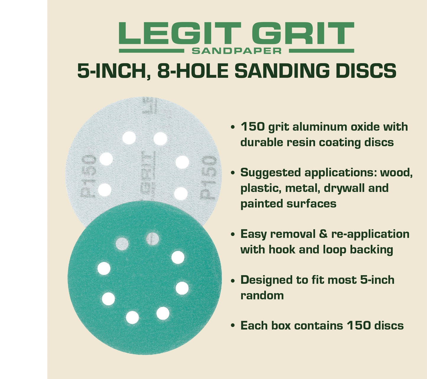 Legit Grit 5 inch Sand paper Disc, 8 - Hole - Perkins Builder Brothers