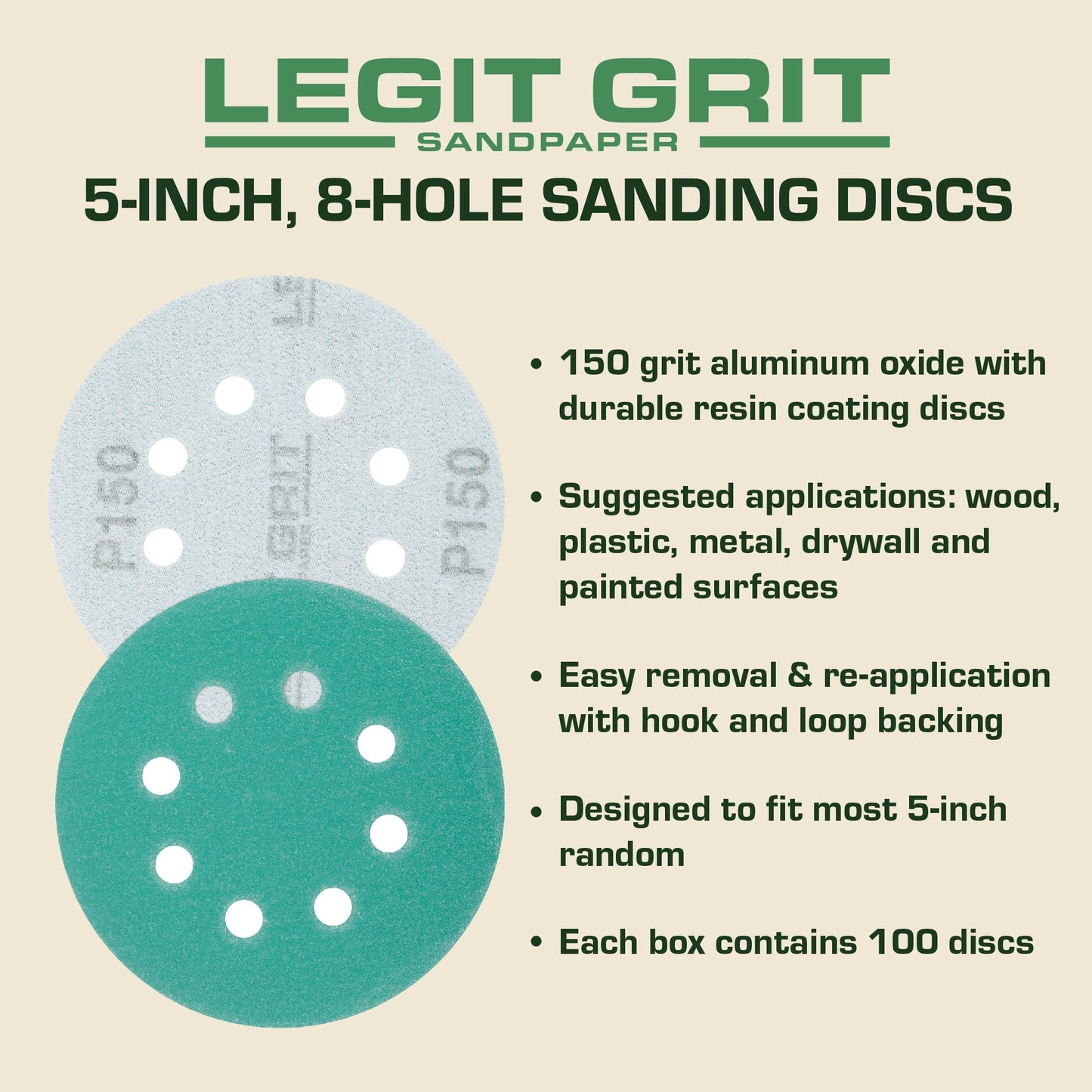 Legit Grit 5 inch Sand paper Disc, 8 - Hole - Perkins Builder Brothers