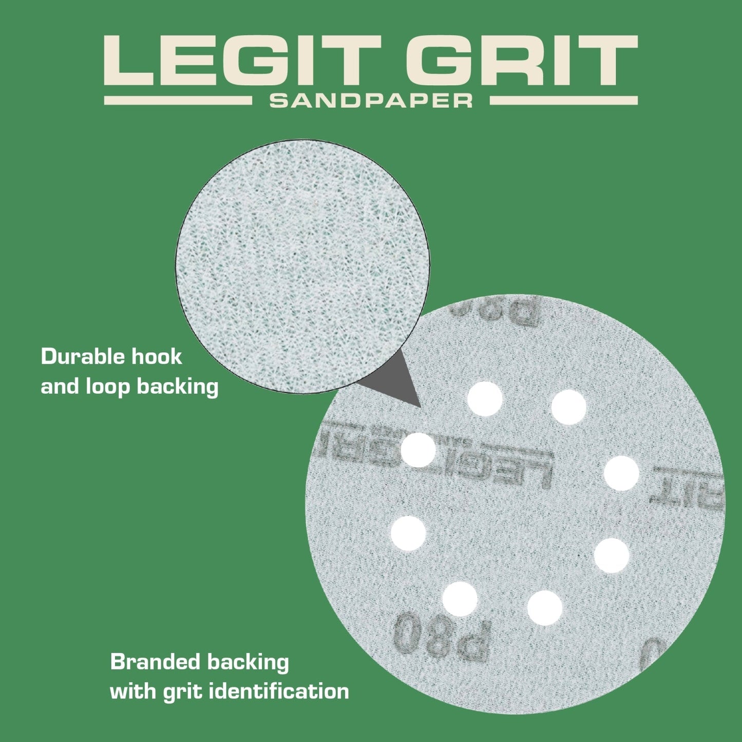 Legit Grit 5 Inch Sand paper Disc, 8 - Hole, Mixed Grit Variety Set - GRITS: 80/120/150/180/220 (10 of each) , 50 Pack - Perkins Builder Brothers