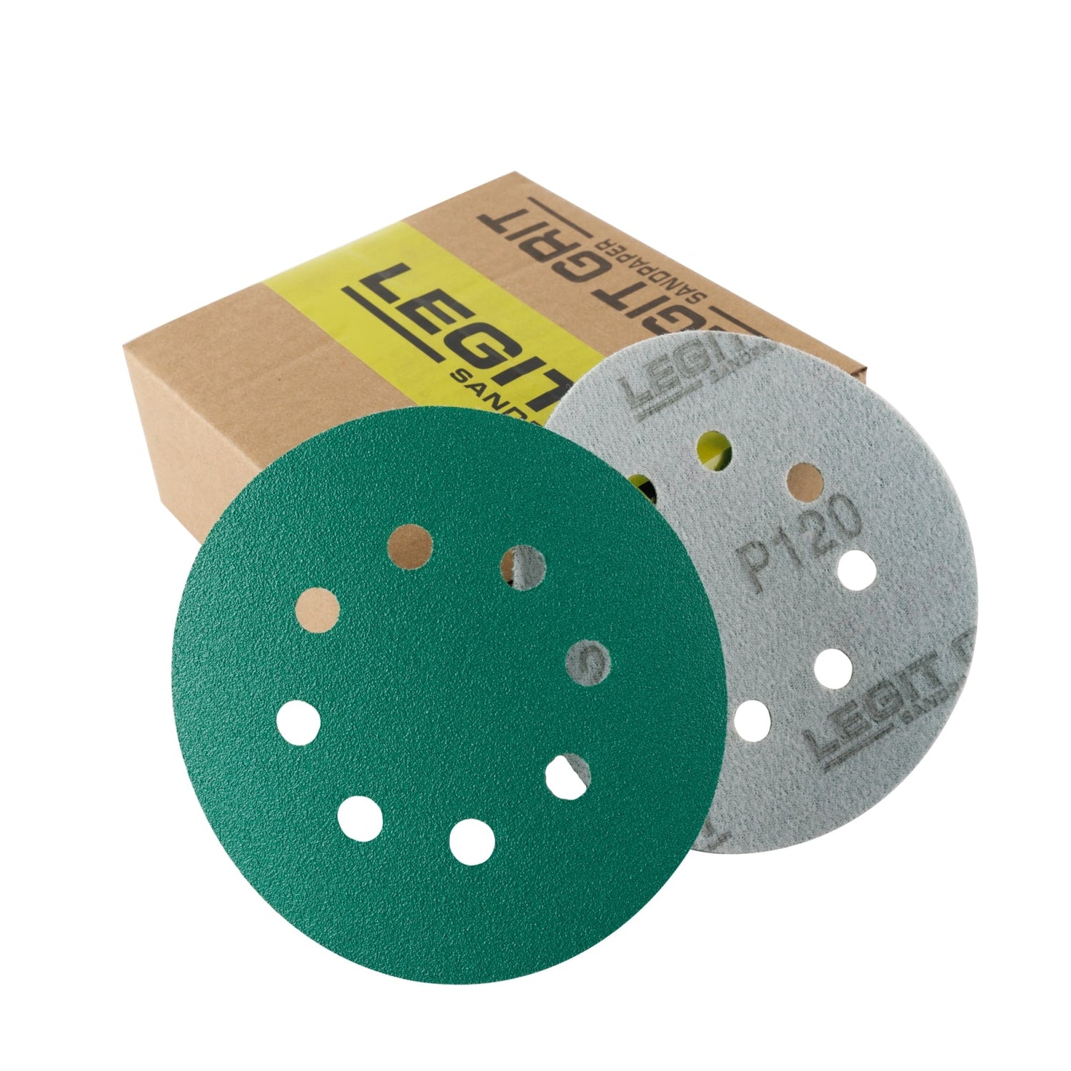 Legit Grit 5 Inch Sand paper Disc, 8 - Hole, Mixed Grit Variety Set - GRITS: 80/120/150/180/220 (10 of each) , 50 Pack - Perkins Builder Brothers