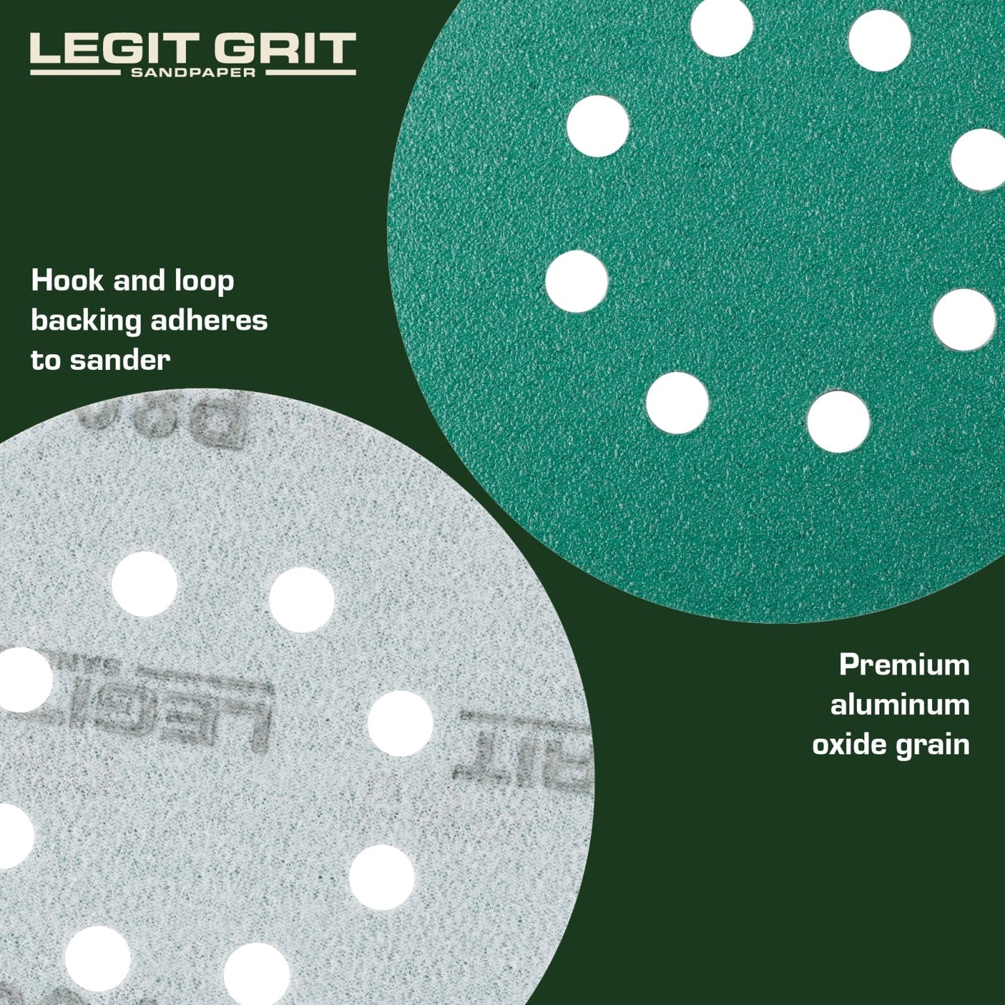 Legit Grit 5 Inch Sand paper Disc, 8 - Hole, Mixed Grit Variety Set - GRITS: 80/120/150/180/220 (10 of each) , 50 Pack - Perkins Builder Brothers