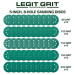 Legit Grit 5 Inch Sand paper Disc, 8 - Hole, Mixed Grit Variety Set - GRITS: 80/120/150/180/220 (10 of each) , 50 Pack - Perkins Builder Brothers