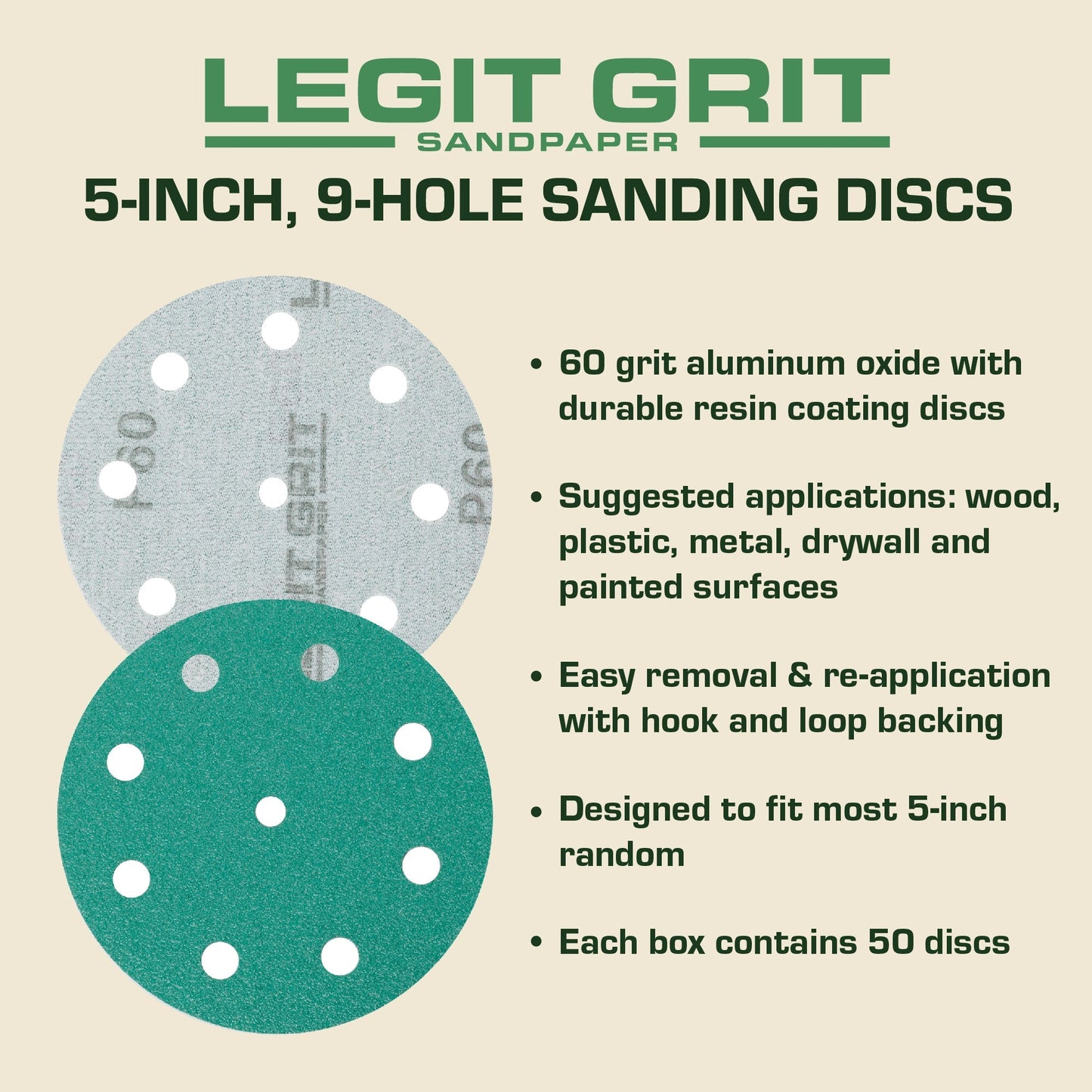 Legit Grit 5 inch Sand paper Disc, 9 - Hole - Perkins Builder Brothers