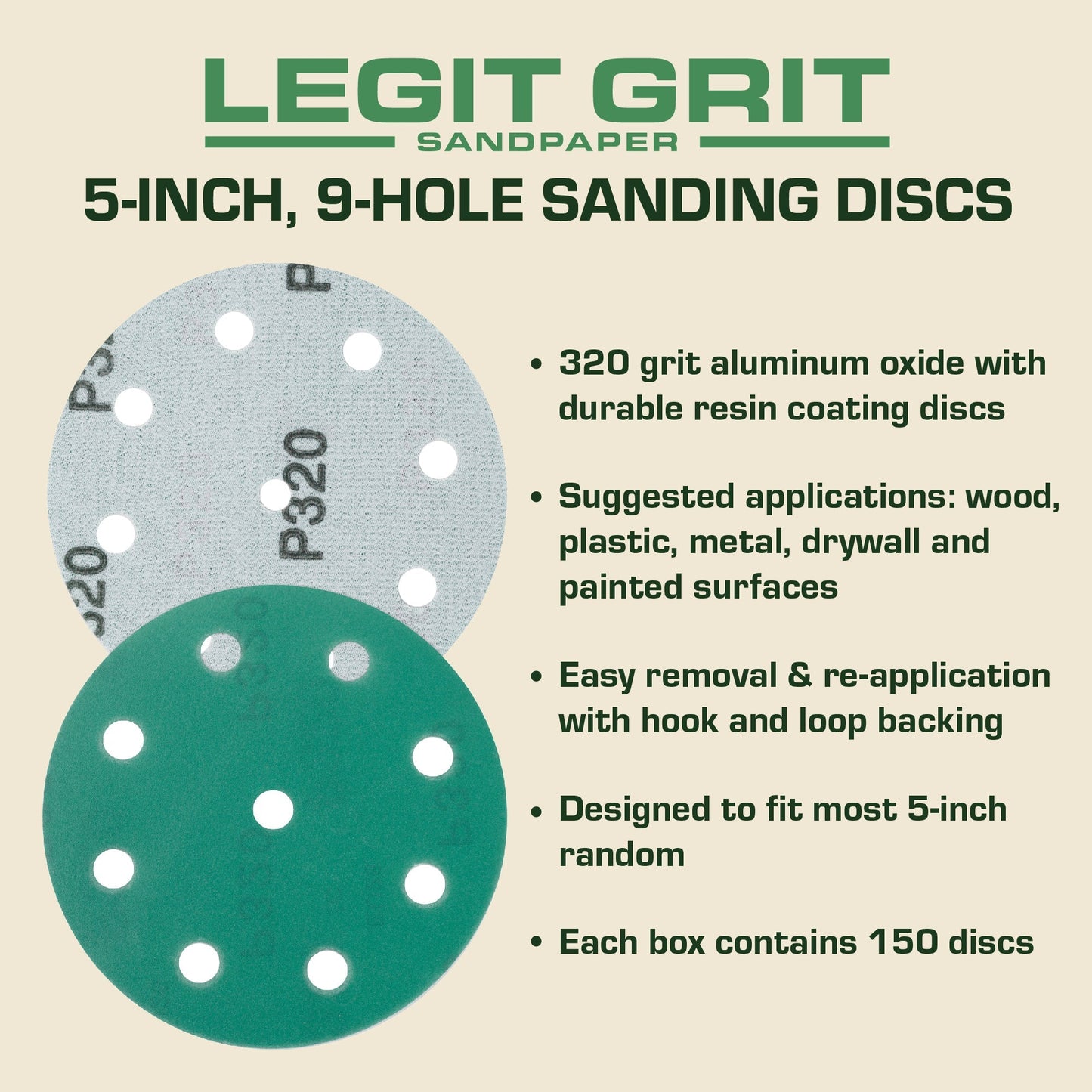 Legit Grit 5 inch Sand paper Disc, 9 - Hole - Perkins Builder Brothers