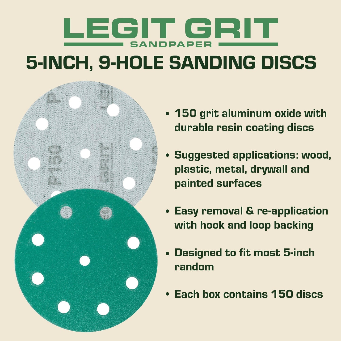 Legit Grit 5 inch Sand paper Disc, 9 - Hole - Perkins Builder Brothers