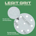 Legit Grit 5 inch Sand paper Disc, 9 - Hole, Mixed Grit Variety Set - GRITS: 80/120/150/180/220 (10 of each) , 50 Pack - Perkins Builder Brothers