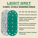 Legit Grit 5 inch Sand paper Disc, 9 - Hole, Mixed Grit Variety Set - GRITS: 80/120/150/180/220 (10 of each) , 50 Pack - Perkins Builder Brothers