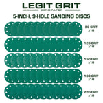 Legit Grit 5 inch Sand paper Disc, 9 - Hole, Mixed Grit Variety Set - GRITS: 80/120/150/180/220 (10 of each) , 50 Pack - Perkins Builder Brothers