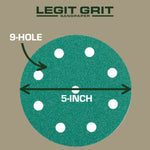 Legit Grit 5 inch Sand paper Disc, 9 - Hole, Mixed Grit Variety Set - GRITS: 80/120/150/180/220 (10 of each) , 50 Pack - Perkins Builder Brothers