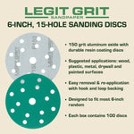 Legit Grit 6 inch Sand paper Disc, 15 - Hole - Perkins Builder Brothers