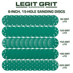 Legit Grit 6 inch Sand paper Disc, 15 - Hole, Mixed Grit Variety Set - GRITS: 80/120/150/180/220 (10 of each) , 50 Pack - Perkins Builder Brothers