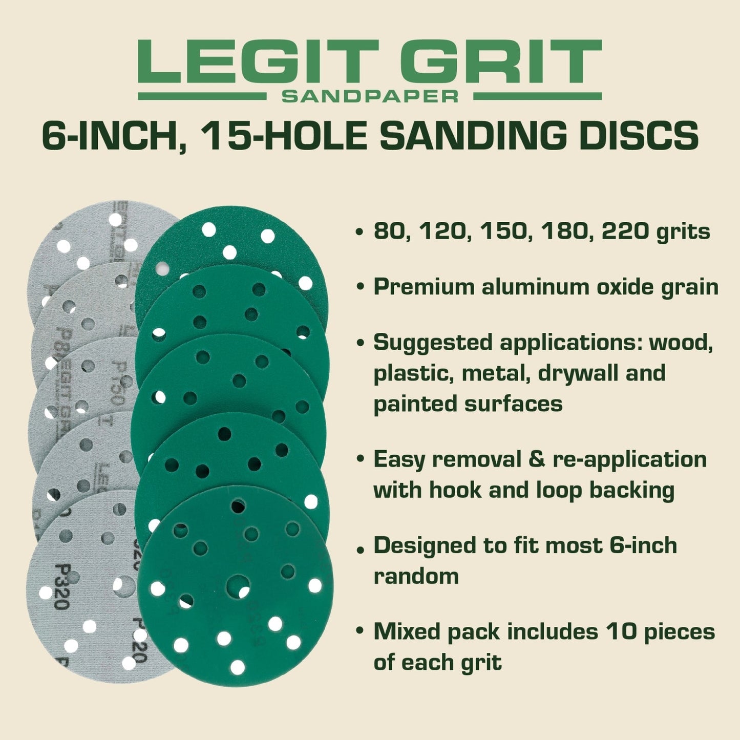 Legit Grit 6 inch Sand paper Disc, 15 - Hole, Mixed Grit Variety Set - GRITS: 80/120/150/180/220 (10 of each) , 50 Pack - Perkins Builder Brothers