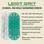 Legit Grit 6 inch Sand paper Disc, 49 - Hole, Mixed Grit Variety Set - GRITS: 80/120/150/180/220 (10 of each) , 50 Pack - Perkins Builder Brothers