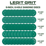 Legit Grit 6 inch Sand paper Disc, 6 - Hole, Mixed Grit Variety Set - GRITS: 80/120/150/180/220 (10 of each) , 50 Pack - Perkins Builder Brothers