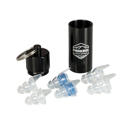 Perkins Builder Brothers 19dB Earplugs with Black Keyring Carrying Case, (includes 3 sizes)